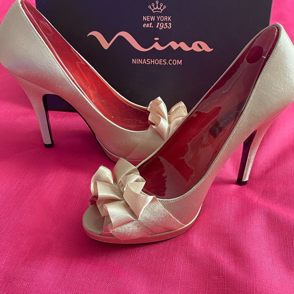 Nina Evelixa Gold Satin Peep-toe Heel with Ruffle Detail